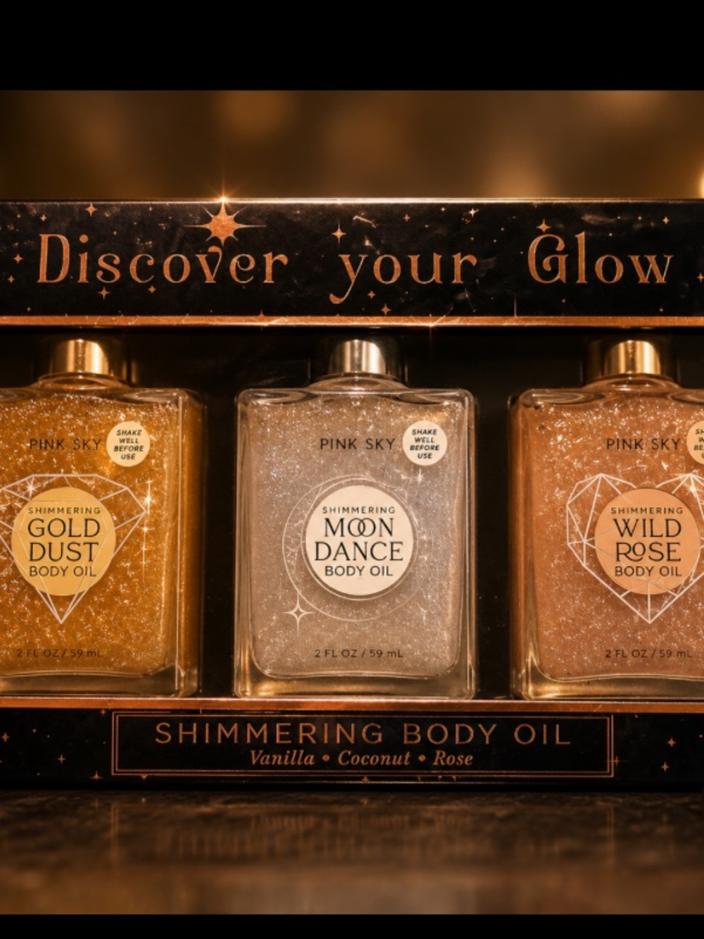 Pink Sky Shimmering Body Oil Set Of3:Gold Dust, Moon Dance, Wild Rose NWT Sealed